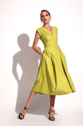 Waist Accentuated Dress-Green